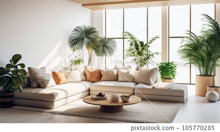 Cozy elegant boho style living room interior in... - Stock Illustration ...