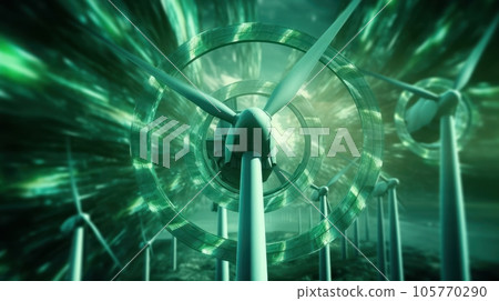 Graphic image of rotating wind generators on the background of Earth nature. Sustainable wind energy process. Virtual data technology. Green energy production. Mockup, illustration. Graphic image of rotating wind generators on the background of Earth nature. Sustainable wind energy process. Virtual data technology. Green energy production. Mockup, illustration. 105770290