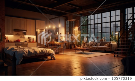 Luxury loft style studio apartment with a free layout in dark colors. Stylish modern kitchen, cozy bedroom area and living area, floor-to-ceiling window with stunning city view. 3D rendering. 105770319