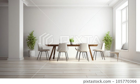 Interior of modern spacy minimalist white living room with dining area. Wooden dining table with chairs, houseplants in floor pots, large windows, wooden floor. Mockup, 3D rendering. Interior of modern spacy minimalist white living room with dining area. Wooden dining table with chairs, houseplants in floor pots, large windows, wooden floor. Mockup, 3D rendering. 105770366