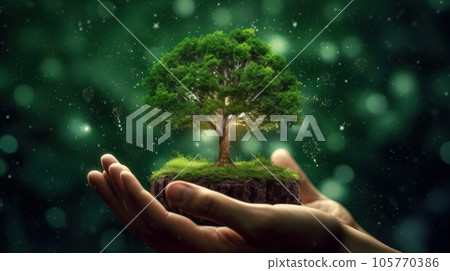 Symbolic magic green tree in human hands on blurred background. Respect for nature, sustainable energy, care for the environment, ecological development. Earth Day concept. Copy space. 3D rendering. 105770386