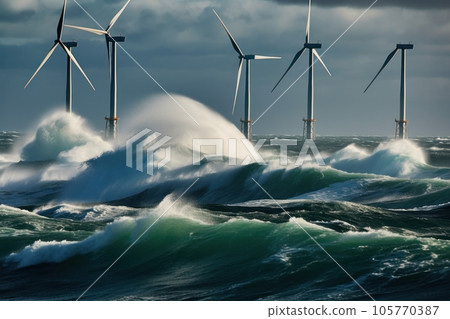 Offshore wind farms next to the deserted wild rocks in the middle of a stormy northern sea. Beautiful gloomy seascape with wind generators. Sustainable green energy concept. 3D rendering. 105770387
