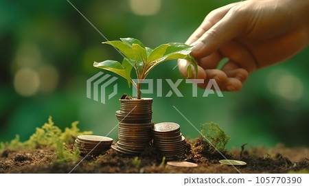 Human hand and young green sprout growing on coin stacks over green blurred background. Business finance strategy, money earning and saving ideas, future investment concept. Copy space. 3D rendering. 105770390