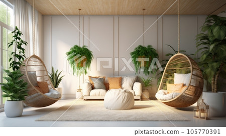 Cozy modern living room interior. Boho style hanging wicker egg chairs with cushions, comfortable couch, coffee table, soft rug, many houseplants add bohemian chic to the bright room. 3D rendering. 105770391