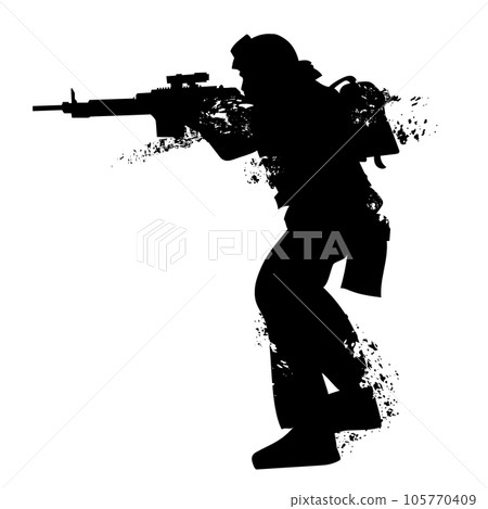 vector silhouette of a soldier in armor with a machine gun 105770409