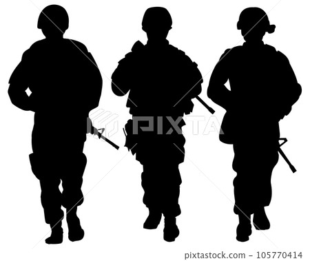 A troop of soldiers in armor with machine guns, front view. Black silhouette, vector illustration 10 105770414