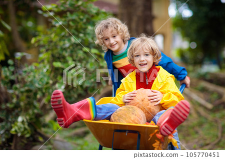 Kids on pumpkin patch. Child autumn outdoor fun. Kids on pumpkin patch. Child autumn outdoor fun. 105770451