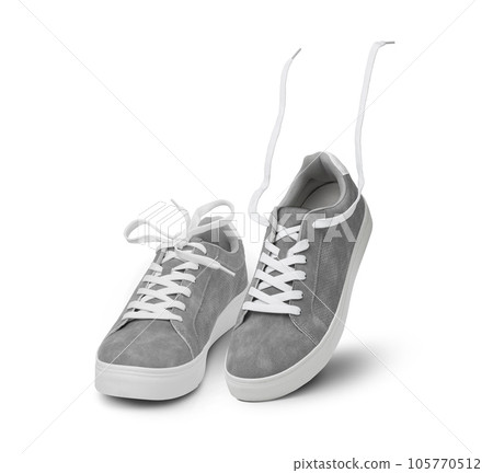 Leather grey color men's sneakers with white lace and rubber soles isolated on white background Leather grey color men's sneakers with white lace and rubber soles isolated on white background 105770512