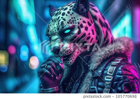 Cyber punk sci fi animal creature in futuristic neon lit city 105770698
