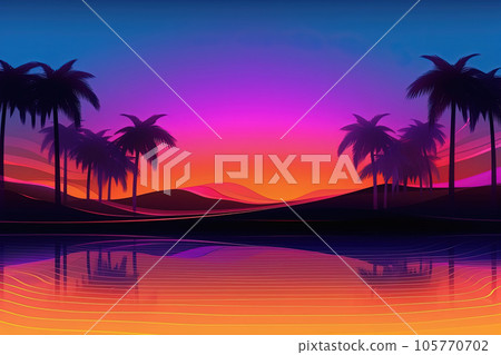 Abstract geometric pool party background center perspective with colorful led neon lines. Summer light music show scene, glowing futuristic shapes on dark background 105770702