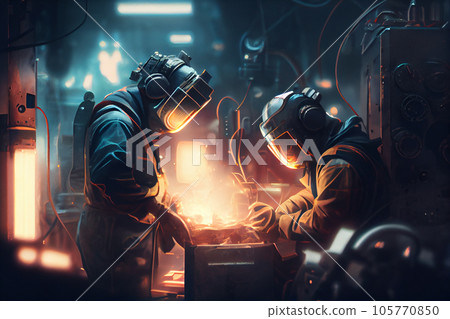 Workers wearing industrial uniforms and Welded Iron Mask at Steel welding plants, industrial safety first concept. 105770850