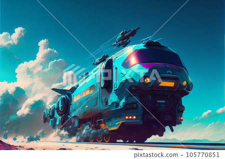 Futuristic transport train on blue sky digital art illustration cartoonish 105770851