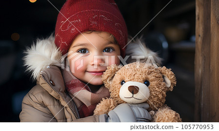 Cute Young Toddler Girl Dressed for a Snowy Christmas Holding Her Teddy Bear. Generative AI. Cute Young Toddler Girl Dressed for a Snowy Christmas Holding Her Teddy Bear. Generative AI. 105770953