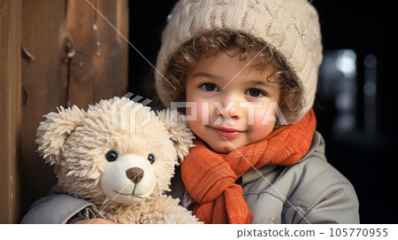 Cute Young Toddler Girl Dressed for a Snowy Christmas Holding Her Teddy Bear. Generative AI. 105770955