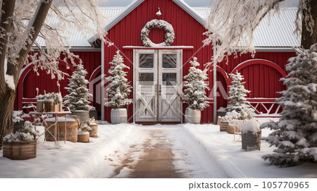 Red Barn, House or Shop Decorated for Christmas in a Beautiful Winter Snowy Scene. Generative AI. 105770965