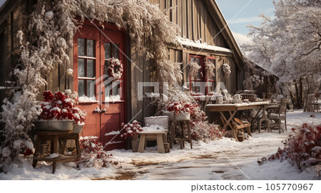 Red Barn, House or Shop Decorated for Christmas in a Beautiful Winter Snowy Scene. Generative AI. 105770967