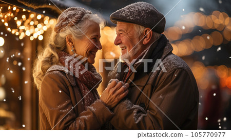 Romantic Senior Adult Couple Dancing Outdoors in the Street of a Christmas Decorated Village one Snowy Evening. Generative AI. 105770977