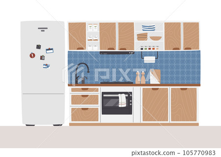Classic mid century kitchen set with high fridge 105770983
