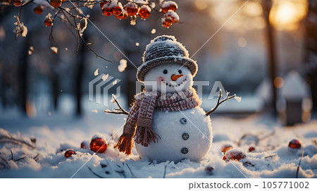 A Cheerful Christmas Snowman with Scarf and Hat in a Winter Snowy Scene. 105771002
