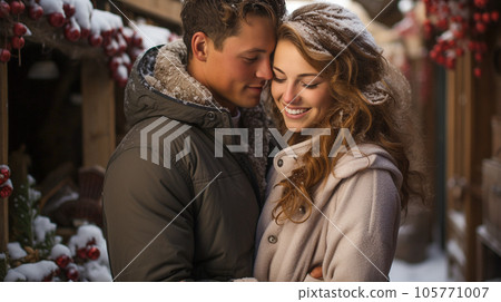 Young Romantic Couple Embracing Near a Christmas Holiday Decorated Cabin. 105771007