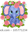 a blue elephant sitting in a flower filled frame with pink flowers 105771234