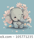 a blue elephant sitting in a flower filled 105771235