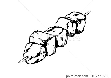 Vector grilled meat chicken kebab. Hand-drawn illustration isolated on white background close-up. Perfect for menu cafe, restaurant, recipe book, cooking, barbecue Vector grilled meat chicken kebab. Hand-drawn illustration isolated on white background close-up. Perfect for menu cafe, restaurant, recipe book, cooking, barbecue 105771699