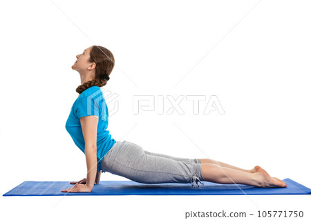 Yoga - young beautiful woman yoga instructor doing Upward Facing Dog Pose (Back Bend) (Urdhva Mukha Svanasana) asana exercise isolated on white background Yoga - young beautiful woman yoga instructor doing Upward Facing Dog Pose (Back Bend) (Urdhva Mukha Svanasana) asana exercise isolated on white background 105771750