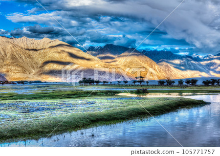 HDR (high dynamic range) image of Nubra river in Nubra valley in Himalayas, Hunder, Ladakh, India 105771757