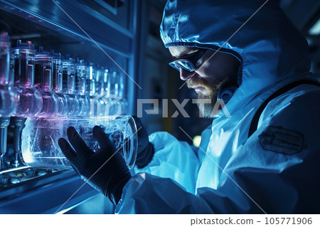 Medical worker holds test tube with egg donation by cryostorage in lab 105771906