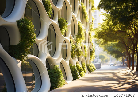 Modern building exterior, green plants on futuristic wall, vertical forest 105771908