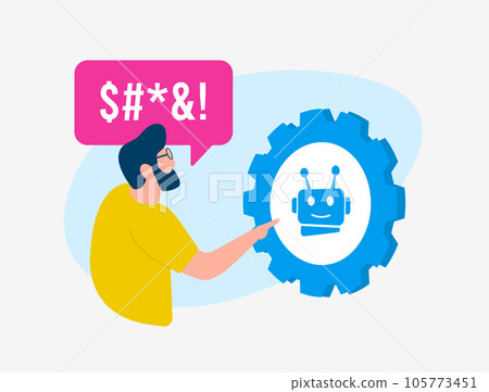 Negative impact of AI on employees. Fear of losing job to AI. Male character swears at artificial intelligence. Problems with job loss due to rapidly developing AI. 105773451