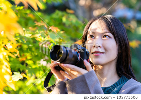 Camera girl shooting autumn leaves 105773506