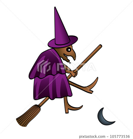 A witch riding on the broom, in watercolor style. An old woman is using her witchcraft. Symbol from old European folklore. After an illustration in Spectropia, a book about ghosts, from the year 1864. 105773536