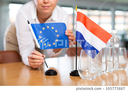 Blurry girl set midget flags of Netherlands and European Union before international negotiations Blurry girl set midget flags of Netherlands and European Union before international negotiations 105773887