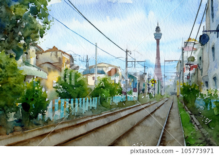Toden tracks and Tokyo Skytree Landscape painting Generative AI Toden tracks and Tokyo Skytree Landscape painting Generative AI 105773971