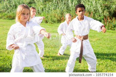 Group of children exercising in karate and traditional martial arts outdoor 105774154