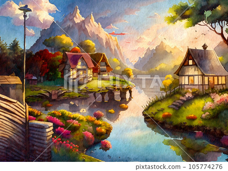 繪本世界般的風景 | 海濱房子的風景 | 生成 AI 105774276