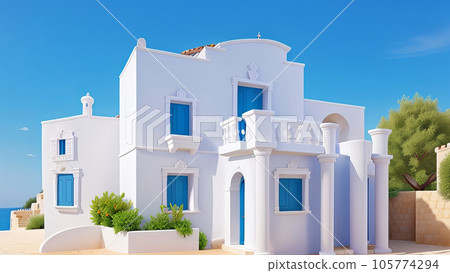 Capturing the Charm of a Traditional Mediterranean White House Against a Summer Blue Sky. Generative AI. Capturing the Charm of a Traditional Mediterranean White House Against a Summer Blue Sky. Generative AI. 105774294