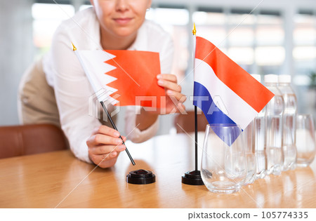 Unrecognizable girl set midget flags of Netherlands and Bahrain before international negotiations Unrecognizable girl set midget flags of Netherlands and Bahrain before international negotiations 105774335