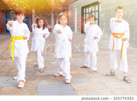 Children are standing in the fighting stance karate 105774383