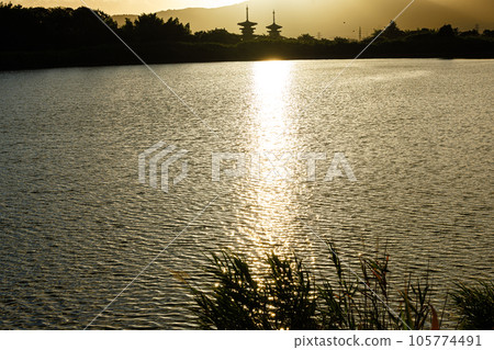 Summer 2023 Dawn at Kyoto Yakushiji Temple in Nara West The east and west towers silhouetted in the morning sun and the path of light on the water surface 105774491