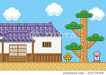 Game-style pixel art Japanese-style background with pine 105774769