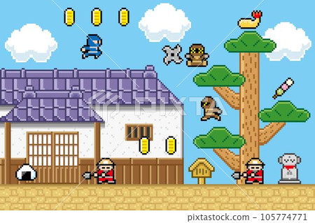 Japanese-style ninja game-style pixel art with pine Japanese-style ninja game-style pixel art with pine 105774771