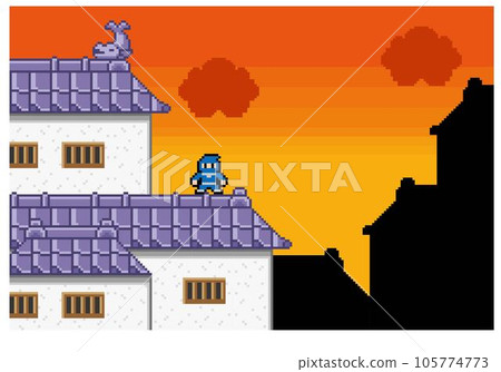 Ninja game style pixel art castle evening Ninja game style pixel art castle evening 105774773