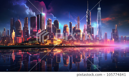 Cyberpunk Skylines: Futuristic Cityscape with Neon Towers Cyberpunk Skylines: Futuristic Cityscape with Neon Towers 105774841