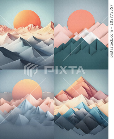 山脈和太陽數字插圖（生成 AI）4 件套 105775357