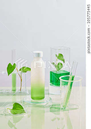 Scientific glassware filled with green liquid displayed around a cosmetic bottle. Fish mint (Houttuynia cordata) contains many natural compounds that are good for health 105775445