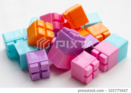Plastic building blocks isolated on white background. Top view 105775687