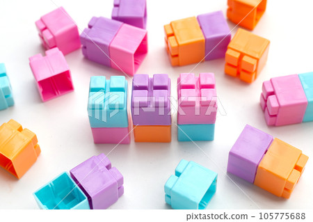 Plastic building blocks isolated on white background. Top view Plastic building blocks isolated on white background. Top view 105775688